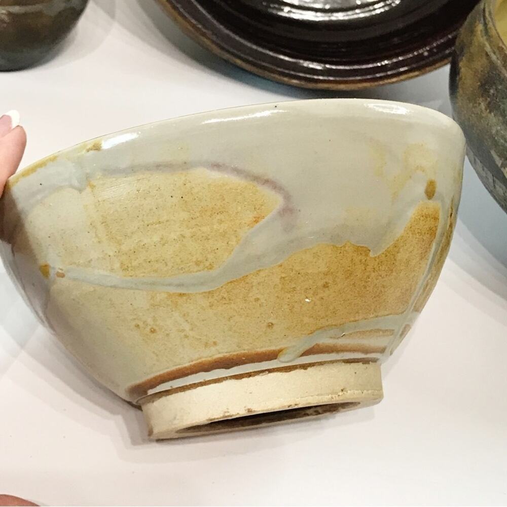 Vintage Signed Studio Art Pottery Tea Noodle Bowl Pastel Drip Glaze Footed Dish - Picture 7 of 15